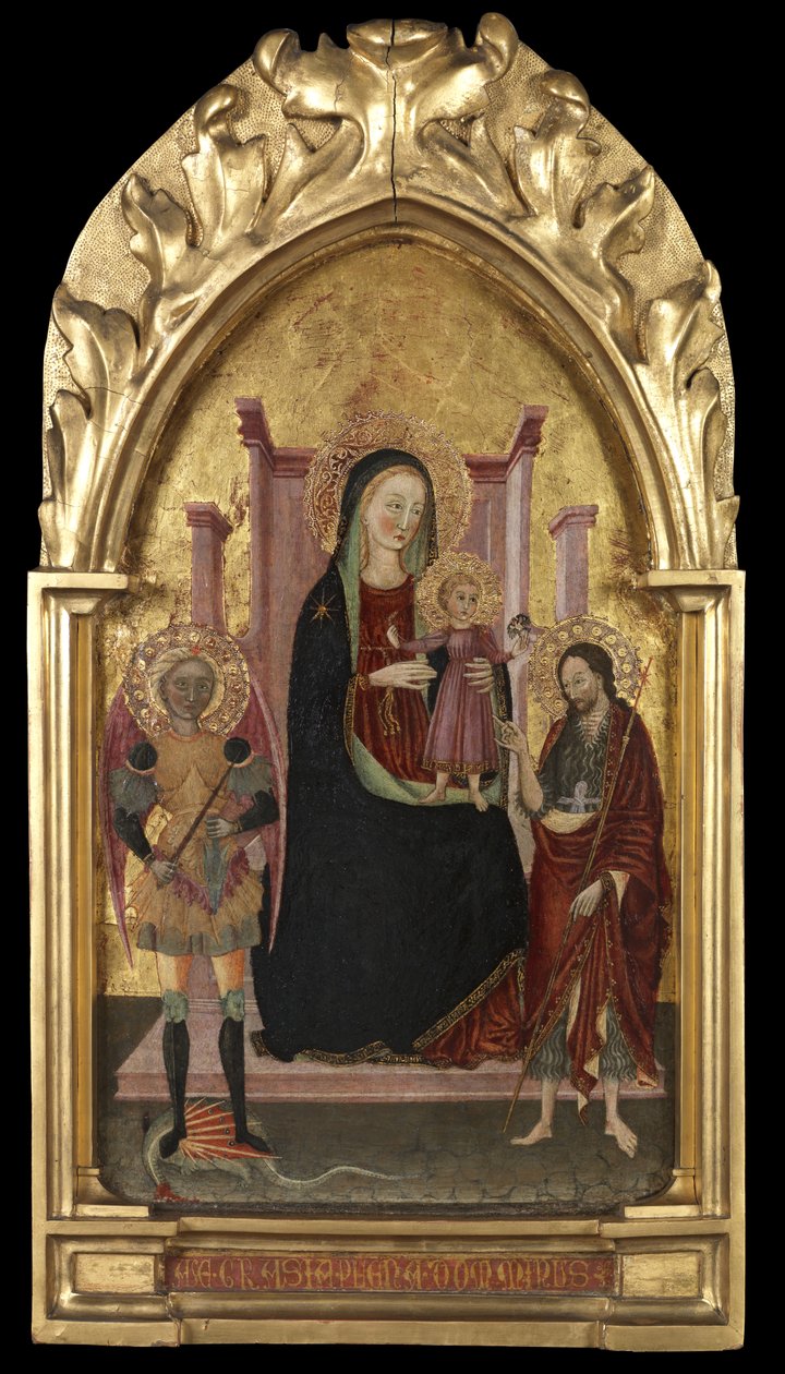 Szűz és gyermek, Szent Mihállyal és Keresztelő Szent Jánossal trónoló, 1440-70 körül alkotó: Master of the Arcetri Altarpiece