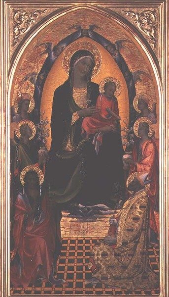Madonna és gyermek Keresztelő Szent Jánossal és Myrai Szent Miklóssal (tempera a panelen) alkotó: Master of the Bambino Vispo