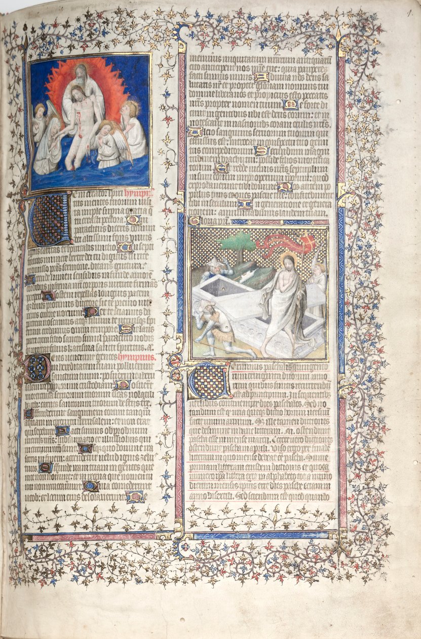 A Gotha Misekönyv: Fol. 1r, Szentháromság és feltámadás , c. 1375. alkotó: Master of the Boqueteaux