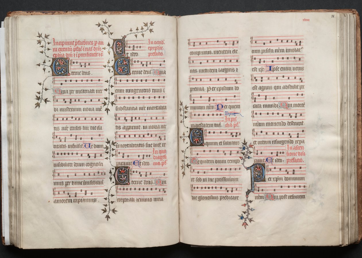 A Gotha Misekönyv: Fol. 57v, szöveg, c. 1375. alkotó: Master of the Boqueteaux