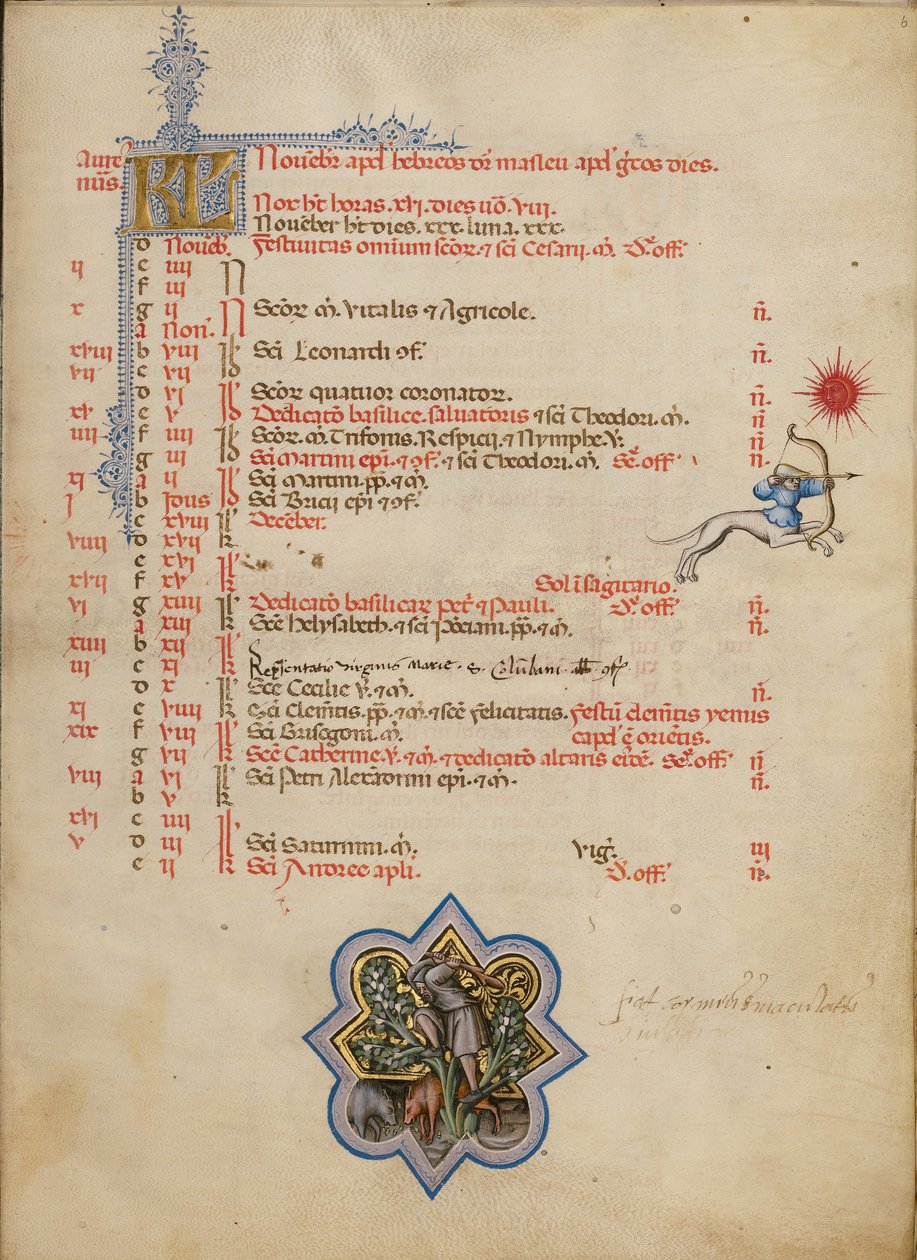 Egy férfi, aki makkot kopogtat a fáról; a Nyilas csillagjegye alkotó: Master of the Brussels Initials