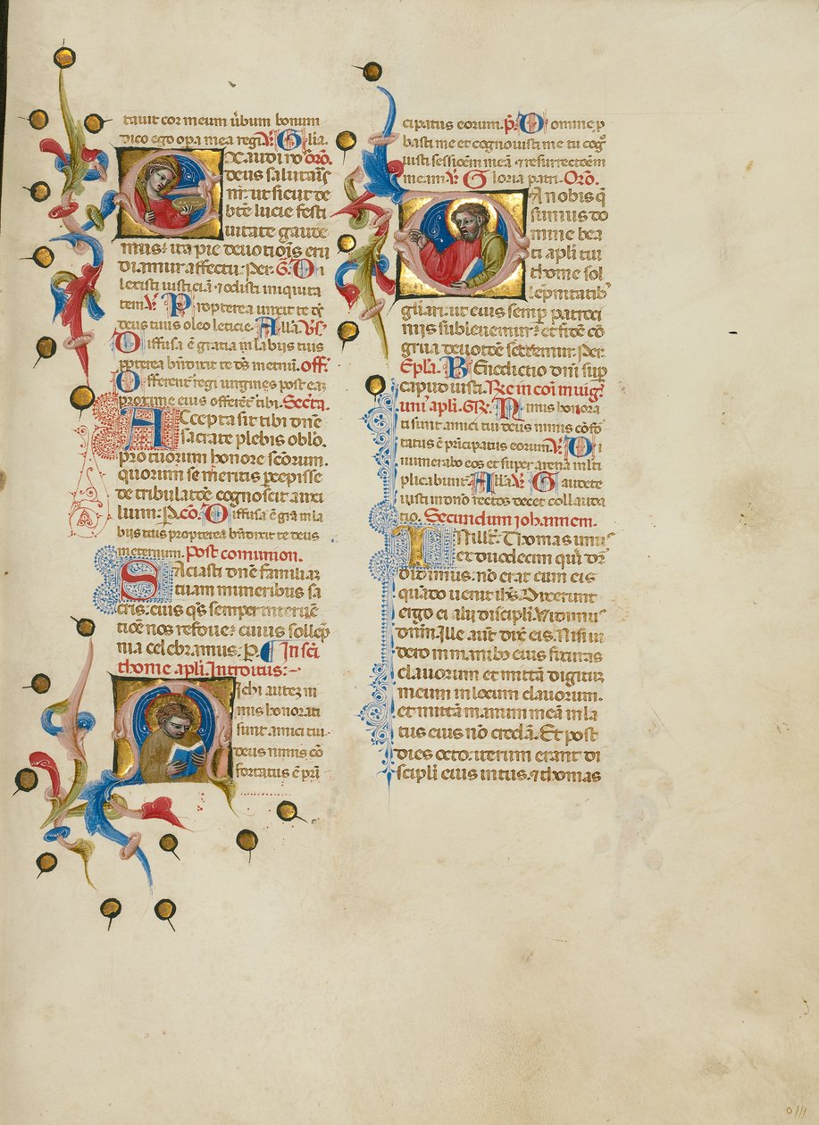 E kezdőbetű: Szent Lucy; M kezdőbetű: Szent Tamás; D kezdőbetű: Szent L: Szent Tamás prédikálás alkotó: Master of the Brussels Initials