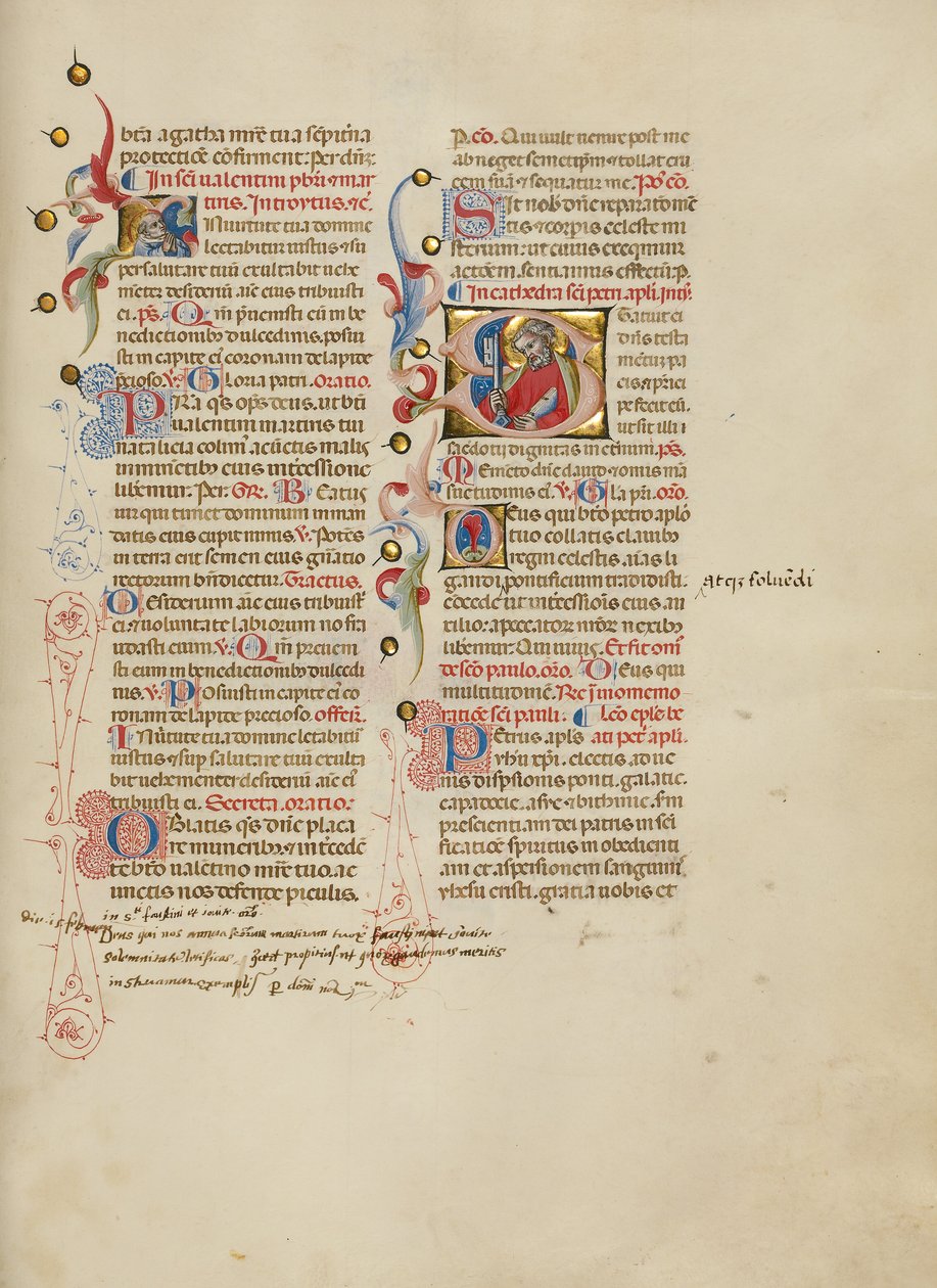 I-es kezdőbetű: Szent Valentinus; S-es kezdőbetű: Szent Péter. alkotó: Master of the Brussels Initials