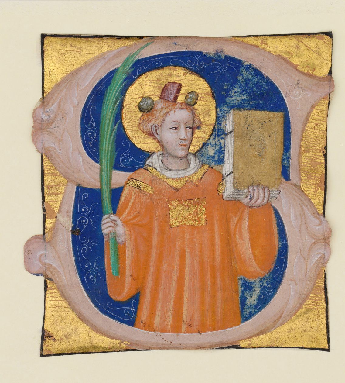 Kéziratos megvilágítás Szent Istvánnal S betűvel, antifóniából, olasz, kb. 1410-2 alkotó: Master of the Brussels Initials
