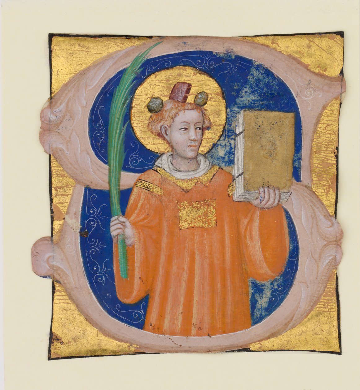 Kéziratos megvilágítás Szent Istvánnal S betűvel, antifóniából, kb. 1410-20. alkotó: Master of the Brussels Initials