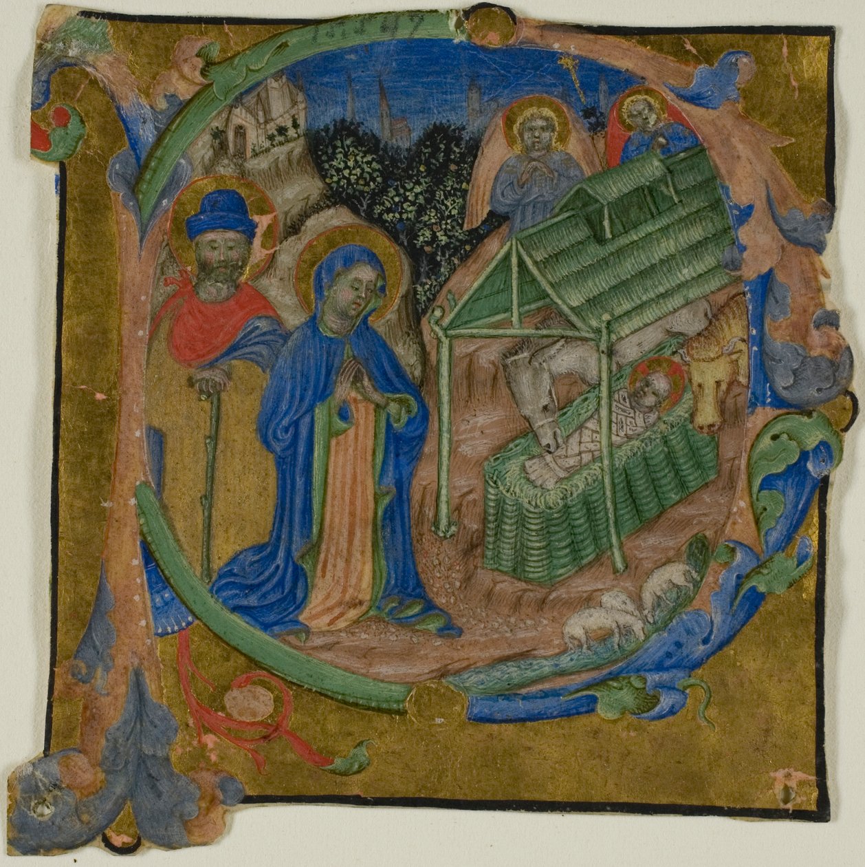 A születés egy kóruskönyvből származó történeti "P" kezdetű "P" betűvel alkotó: Master of the Brussels Initials