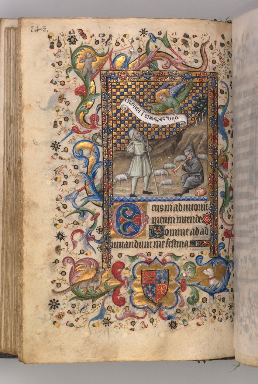 Nemes Károly, Navarra királyának órái 1361-1425: Angyali üdvözlet a pásztoroknak...verso, c1 alkotó: Master of the Brussels Initials and Associates