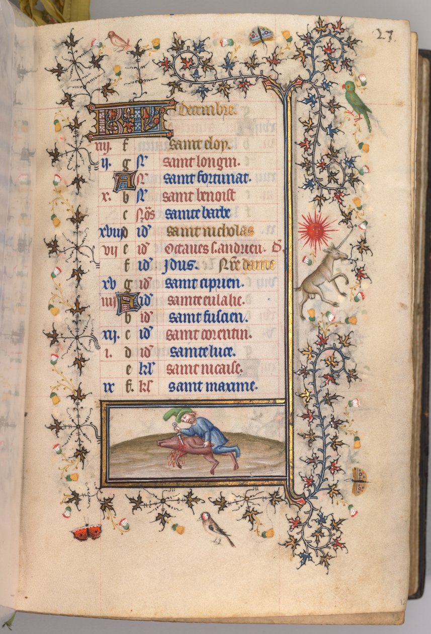 Nemes Károly navarrai király órái 1361-1425: fol. 12r, december, c. 1405. alkotó: Master of the Brussels Initials and Associates