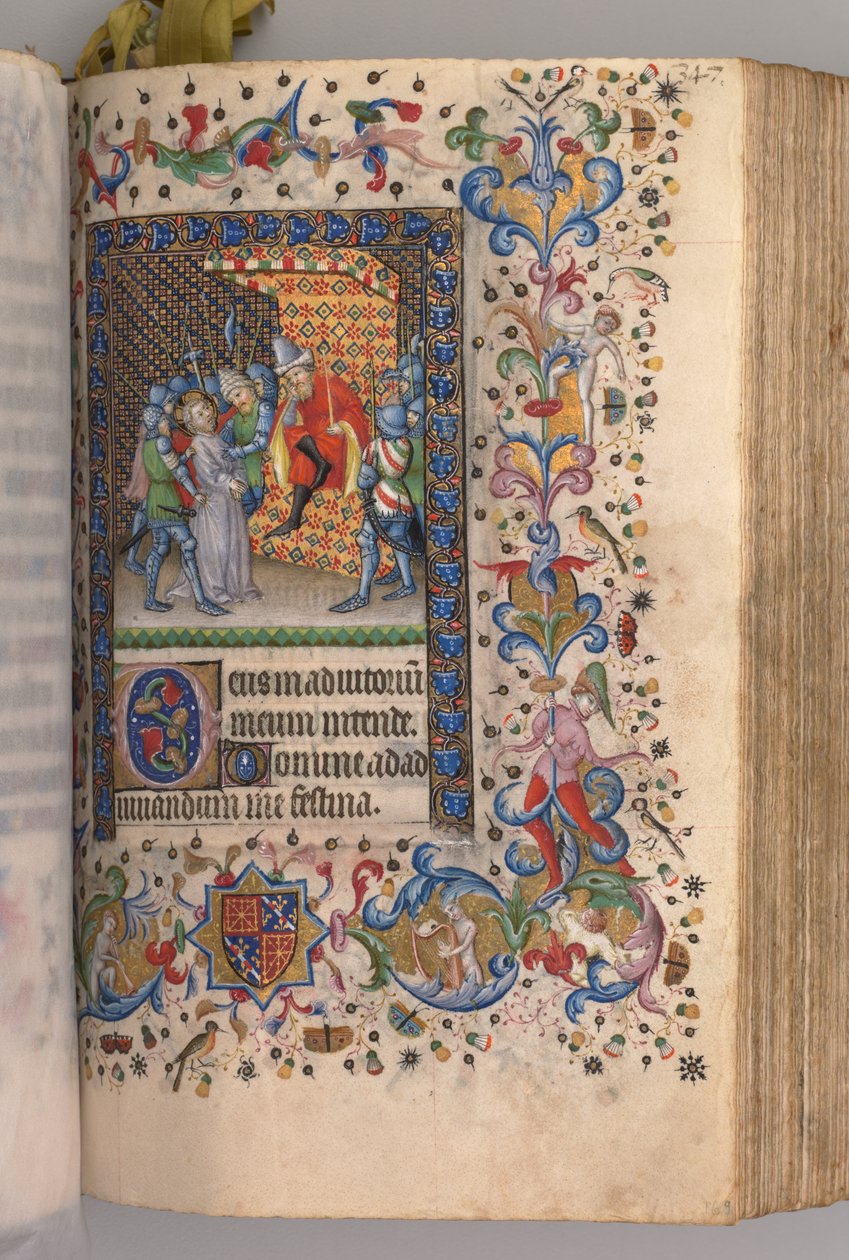 Nemes Károly navarrai király órái 1361-1425: fol. 169r, Krisztus Pilátus előtt, c. 1405. alkotó: Master of the Brussels Initials and Associates