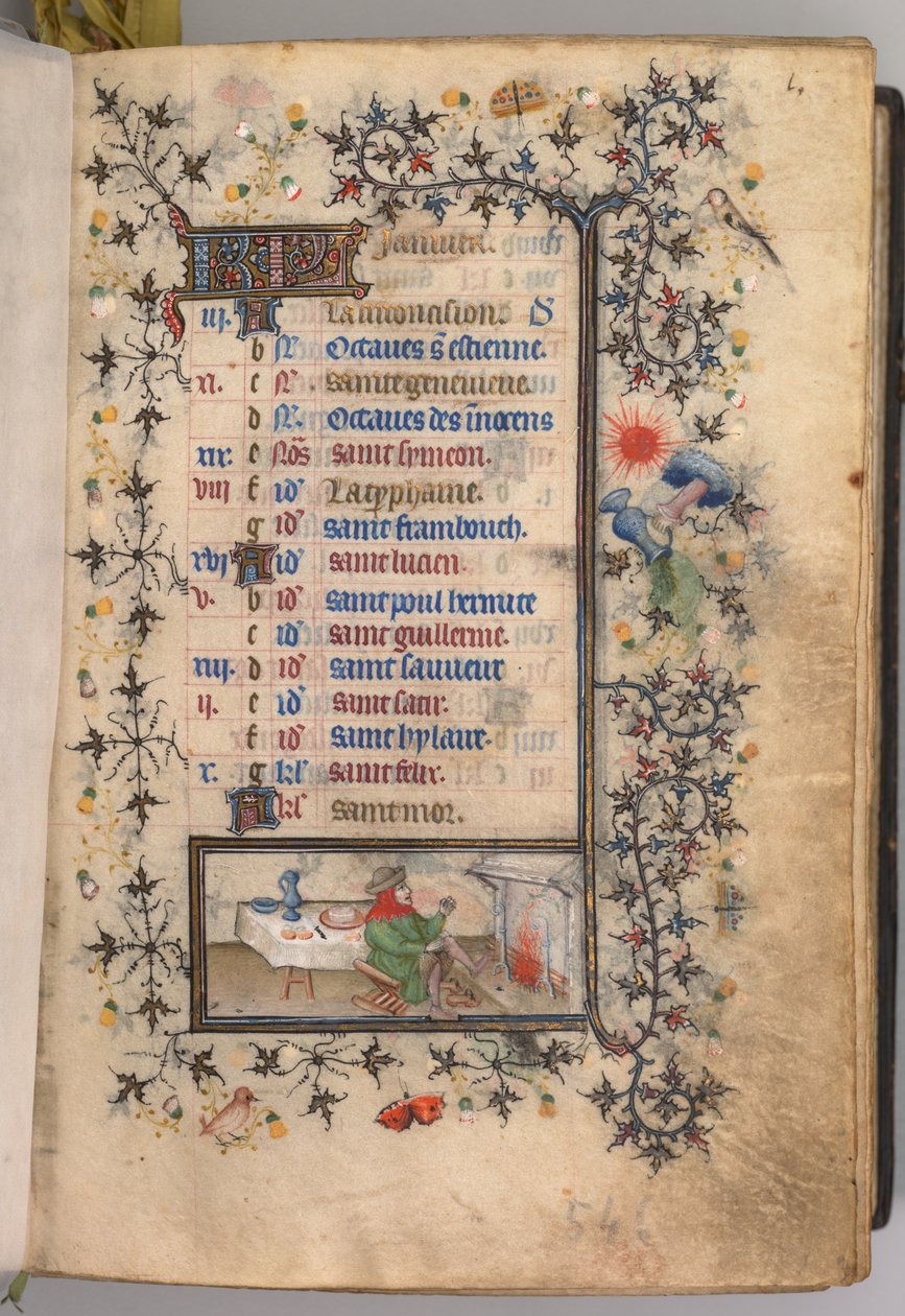 Nemes Károly navarrai király órái 1361-1425: fol. 1r, január, c. 1405. alkotó: Master of the Brussels Initials and Associates