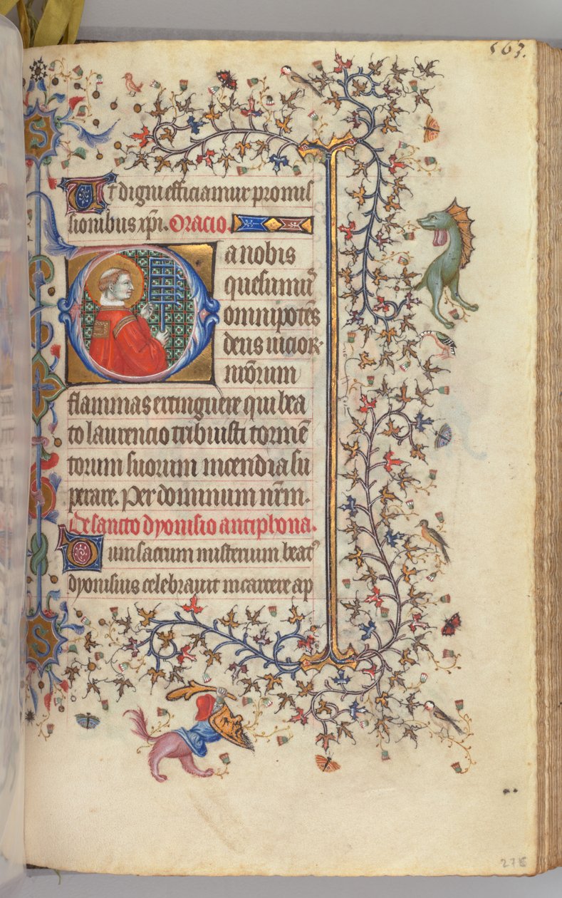 Nemes Károly navarrai király órái 1361-1425, fol. 276r, Szent Lőrinc, c. 1405. alkotó: Master of the Brussels Initials and Associates