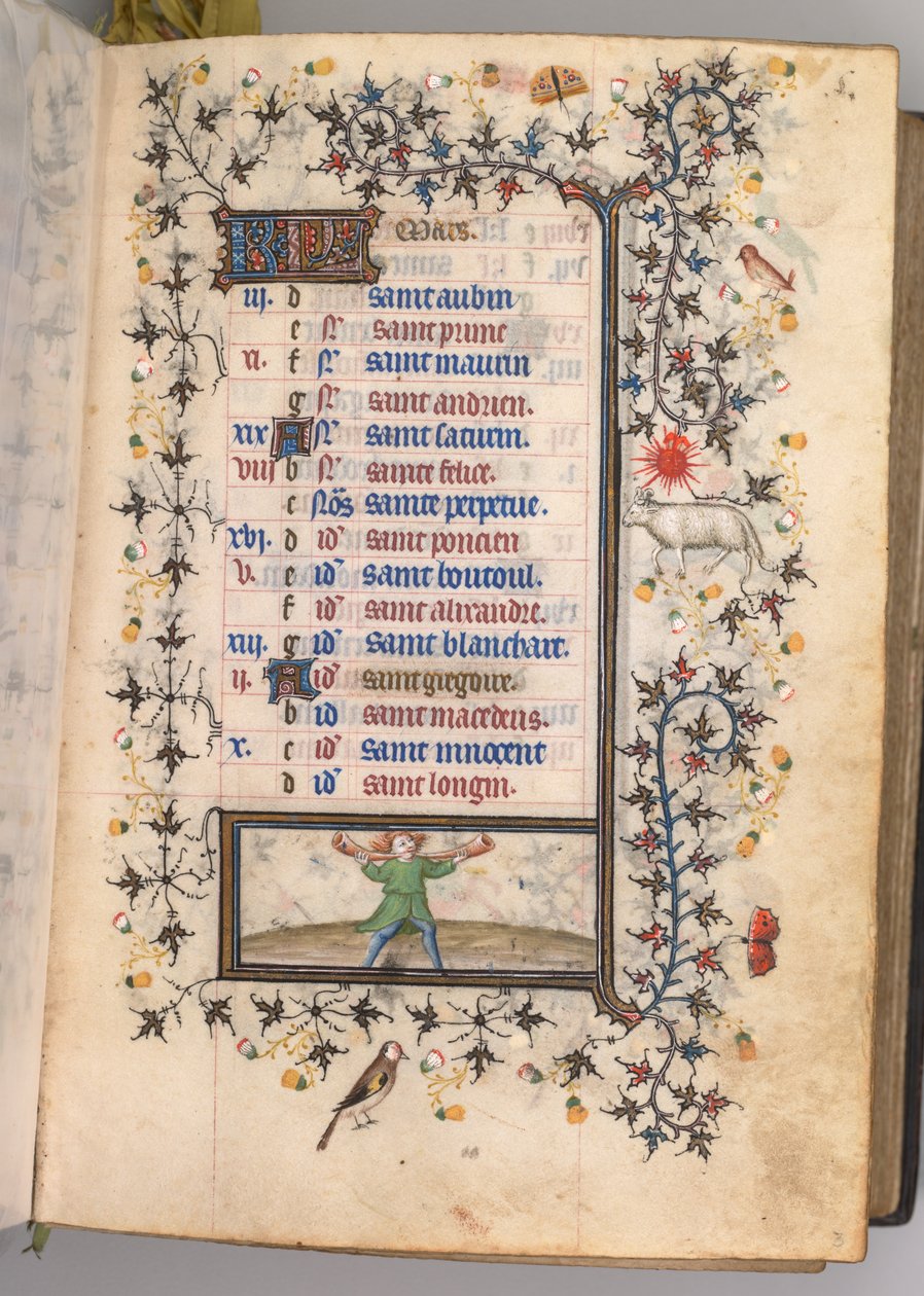 Nemes Károly navarrai király órái 1361-1425: fol. 3r, március, c. 1405. alkotó: Master of the Brussels Initials and Associates