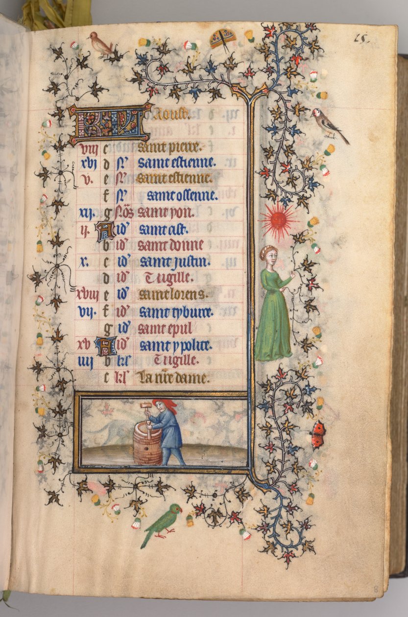 Nemes Károly navarrai király órái 1361-1425: fol. 8r, augusztus, c. 1405. alkotó: Master of the Brussels Initials and Associates