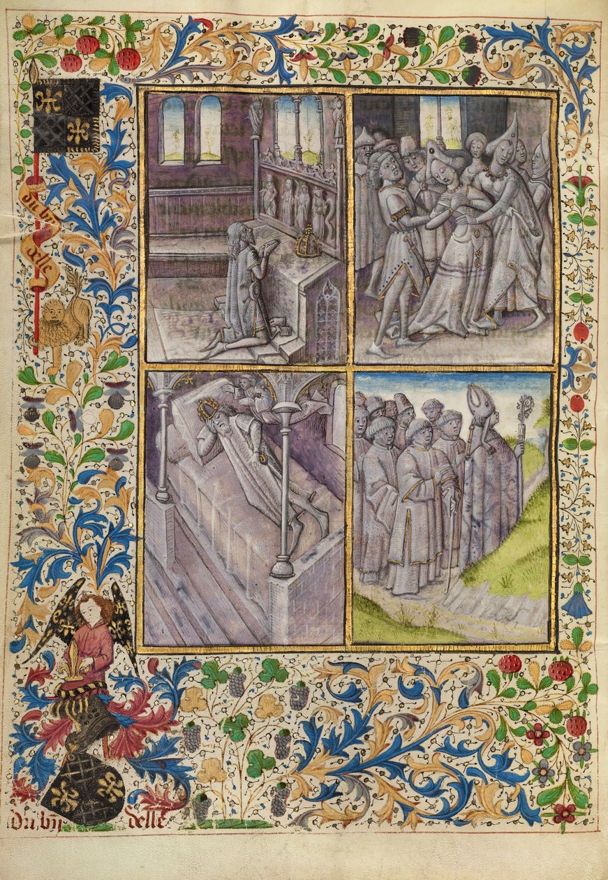 Konstantin császár imádkozik egy templomban; gonosz szellemek gyötrik Szofiát; Isten álmában megparancsolja Konstantinnak, hogy keresse meg Antonius maradványait; Theophile püspök Egyiptomba megy. alkotó: Master of the Brussels Romuléon