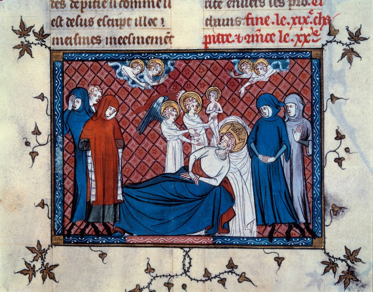Szent Lajos halála Tuniszban, 1270. augusztus 25-én. miniatűr a „Szent Lajos élete és csodái” című kéziratból (277. oldal), Mahiet megvilágította és Saint-Pathusi Vilmos írta alkotó: Master of the Cambrai Missal Mahiet