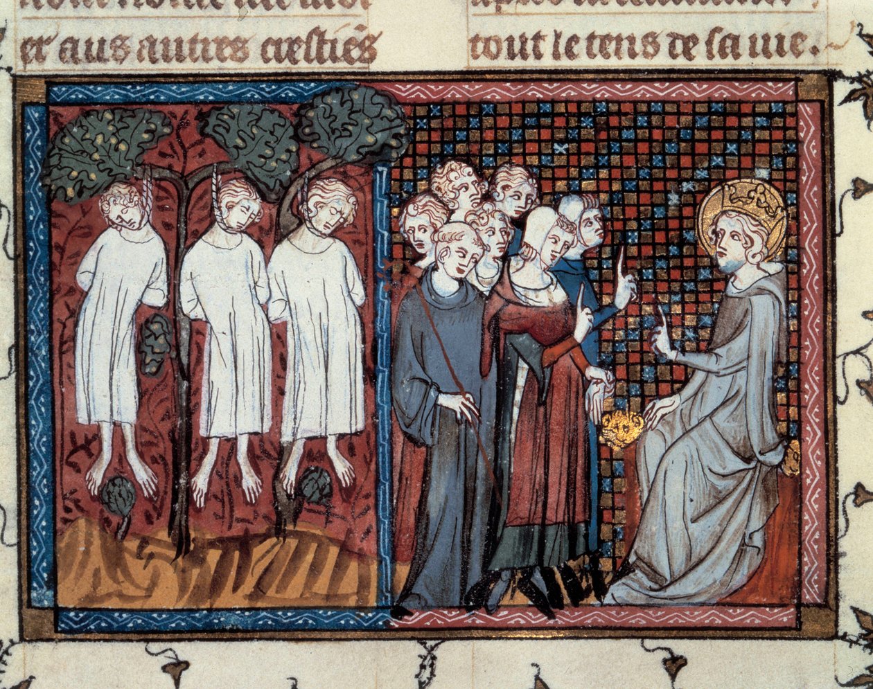 Enguerrand IV de Coucy által elrendelt kivégzések. IX. Lajos igazságot szolgáltat. Mahiet miniatúrája „Szent Lajos élete és csodái” című filmben, Guillaume De Saint Pathus kézirata alkotó: Master of the Cambrai Missal Mahiet