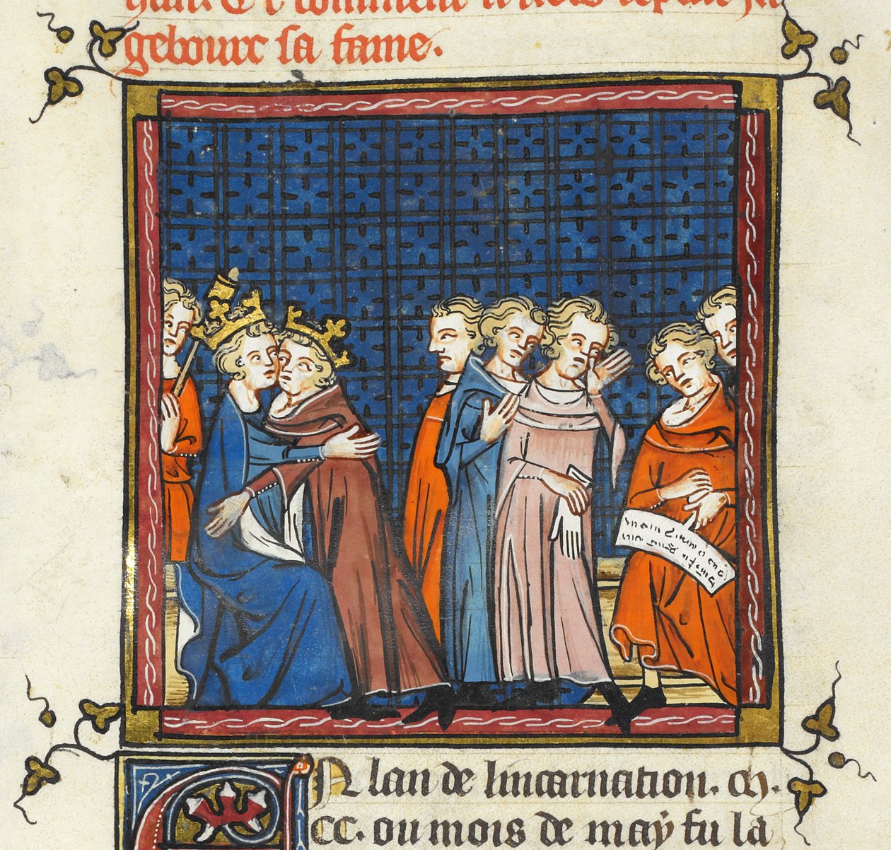 Fülöp Augustus és János angol király békét köt, illusztráció a "Grandes Chroniques de France ou de St Denis"-ből alkotó: Master of the Cambrai Missal Mahiet