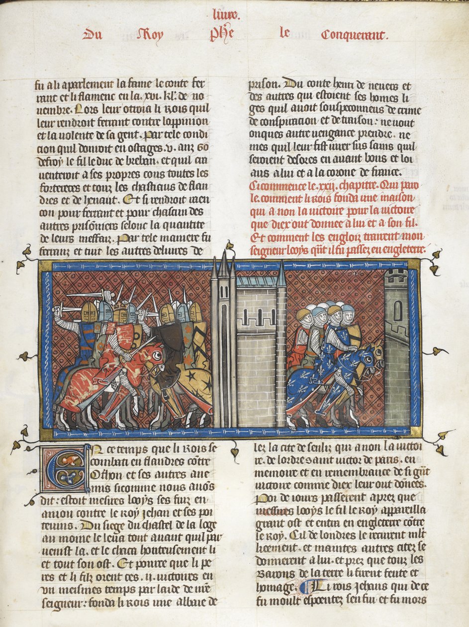 Royal 16 G. VI f.385 Egy csata Jánossal, angol királlyal és VIII. Lajossal menet közben, a Les Grandes chroniques de France-ból, 1332-50 körül (tinta, szín és arany pergamen) alkotó: Master of the Cambrai Missal Mahiet