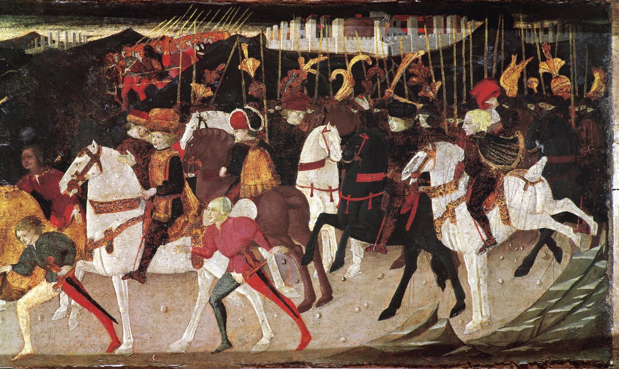 Decameron de Boccaccio (Jean Boccaccio): Alatiel, Beminedab babiloni szultán lányának története, lovasokat és oldalakat ábrázoló részlet (Beminedab, a babiloni szultán lányának Alatiel története, lovasok és oldalak) (a második nap 7. híre) Wo alkotó: Master of the Cassoni