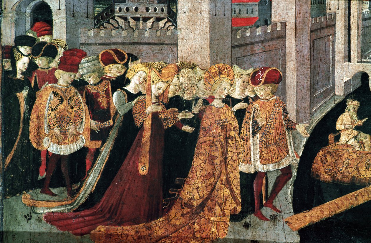 Decameron de Boccaccio (Jean Boccaccio): a Chatelain Pericone üdvözli Alatielt, Beminedab babiloni szultán lányát és lakosztályát Mallorca szigetén (Pericone da Visalgo üdvözli Beminedab, Babilon szultánjának Alatielt lányát, üdvözlettel alkotó: Master of the Cassoni