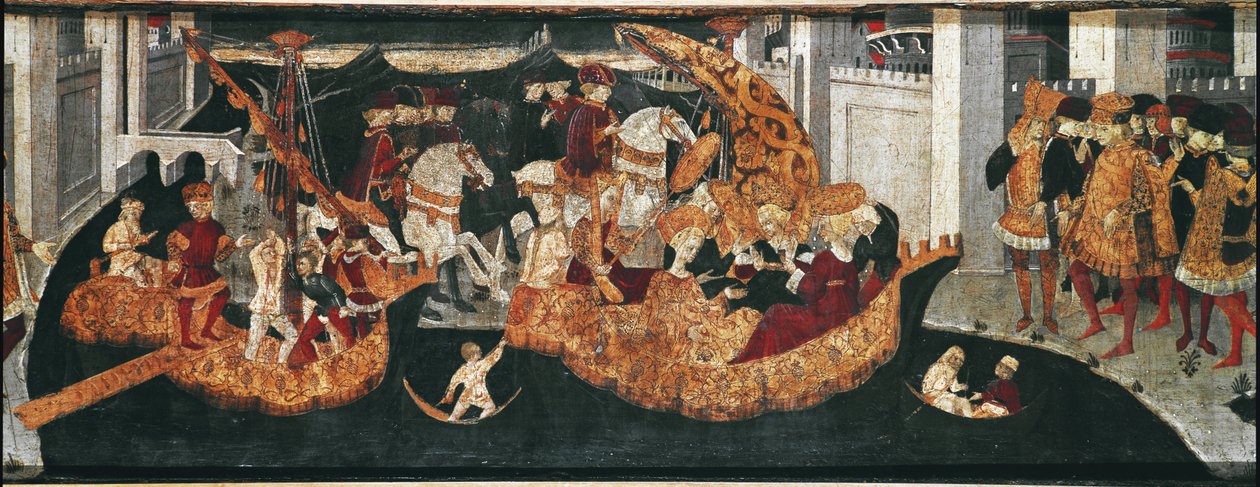 Decameron de Boccaccio (Jean Boccaccio): a Chatelain Pericone üdvözli Alatielt, Beminedab babiloni szultán lányát és lakosztályát Mallorca szigetén (Pericone da Visalgo üdvözli Beminedab, Babilon szultánjának Alatielt lányát, üdvözlettel alkotó: Master of the Cassoni