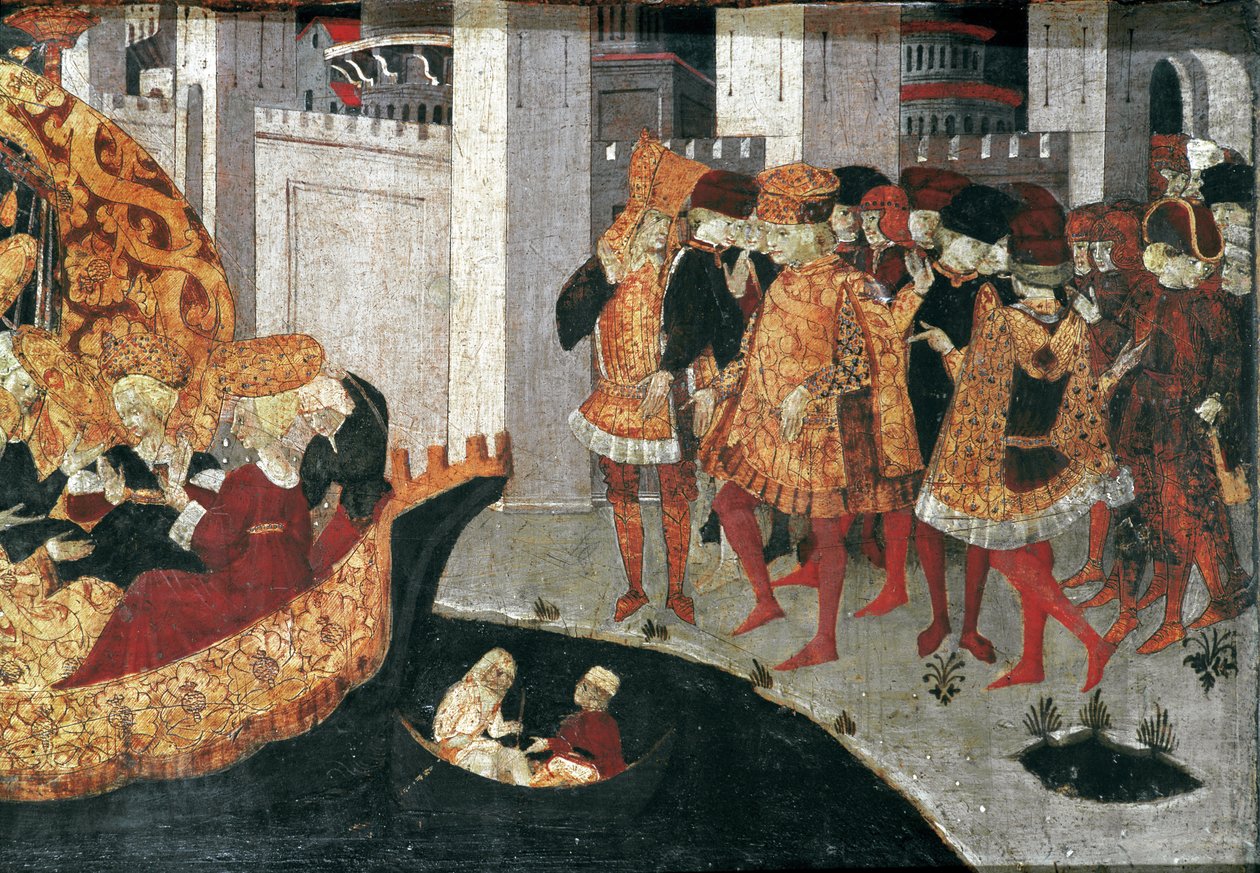 Decameron de Boccaccio (Jean Boccaccio): a Chatelain Pericone üdvözli Alatielt, Beminedab babiloni szultán lányát és lakosztályát Mallorca szigetén (Pericone da Visalgo üdvözli Beminedab, Babilon szultánjának Alatielt lányát, üdvözlettel alkotó: Master of the Cassoni