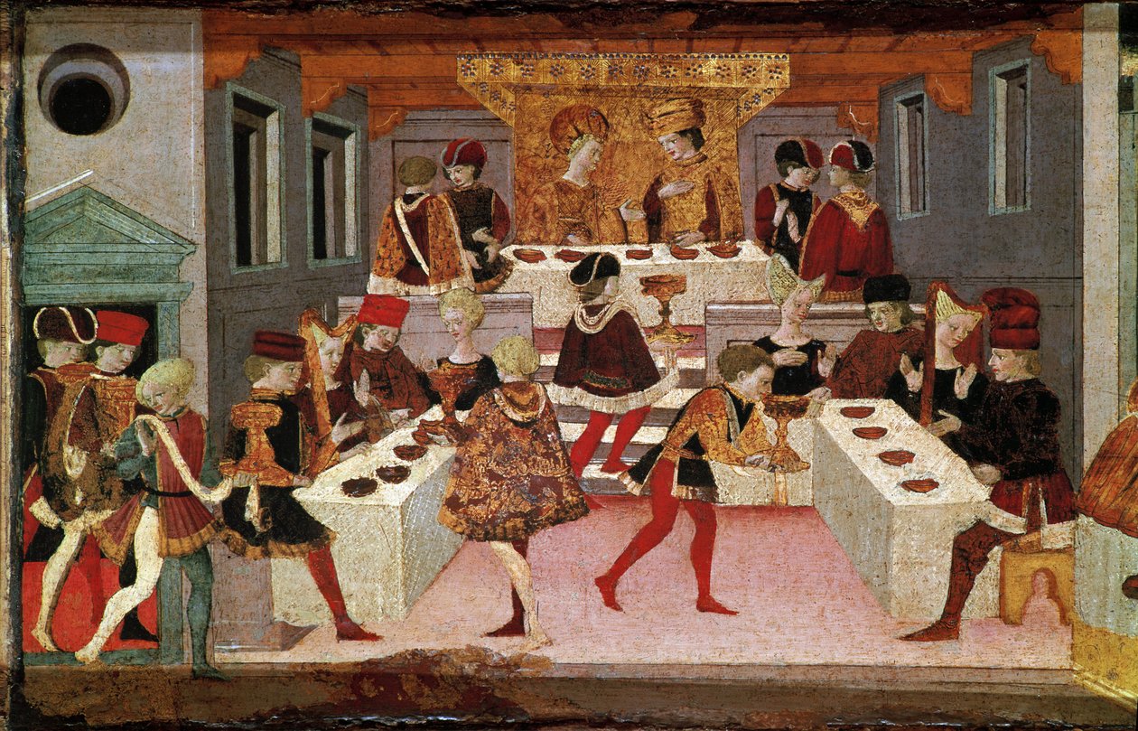 Decameron de Boccaccio (Jean Boccaccio): a Chatelain Pericone által szervezett bankett Alatiel, Beminedab babiloni szultán lánya és lakosztálya üdvözölésére Mallorca szigetén (Pericone da Visalgo házigazdája Alatiel lányának, o. alkotó: Master of the Cassoni