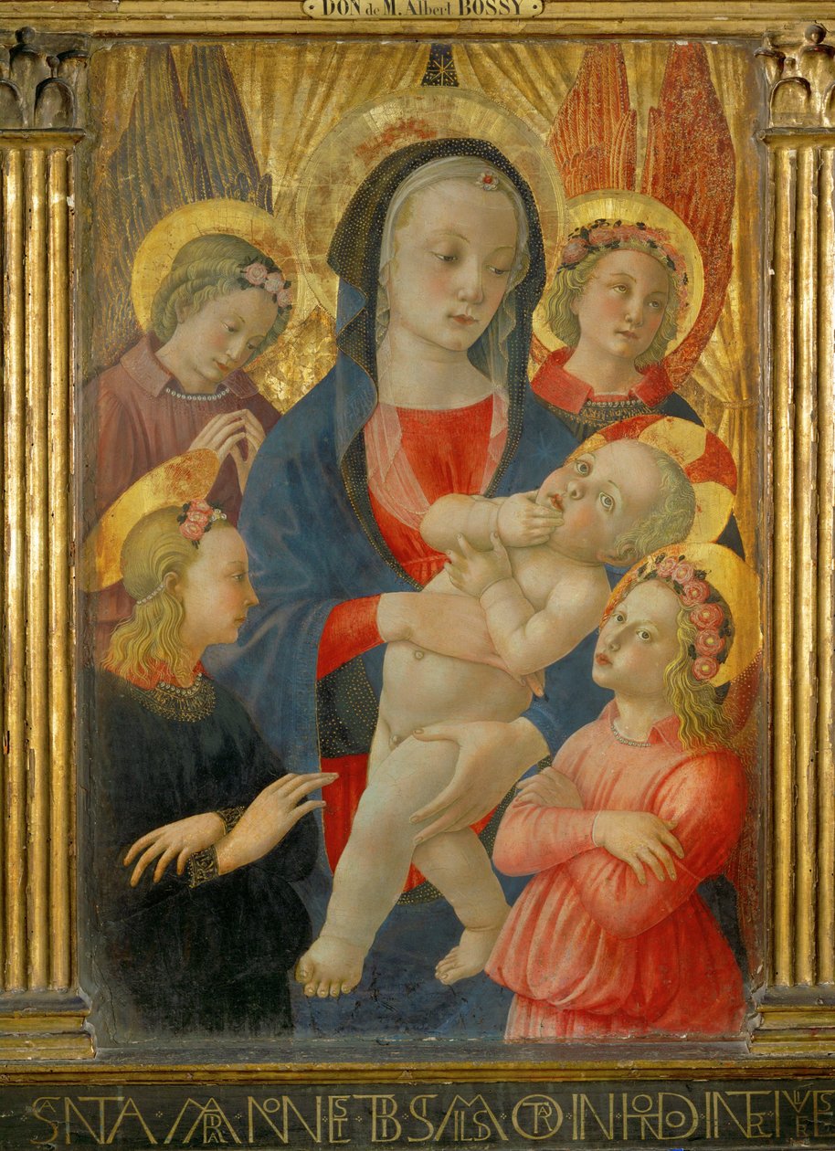 Madonna és gyermeke, körülötte négy angyal ... alkotó: Master of the Castello Nativity