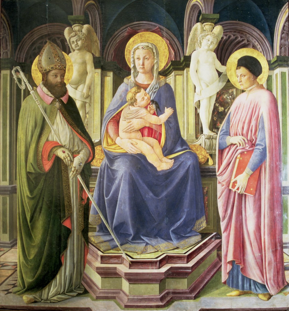 A Madonna és a gyermek az SS-szel. Kelemen és Jusztin, 1449-50 alkotó: Master of the Castello Nativity