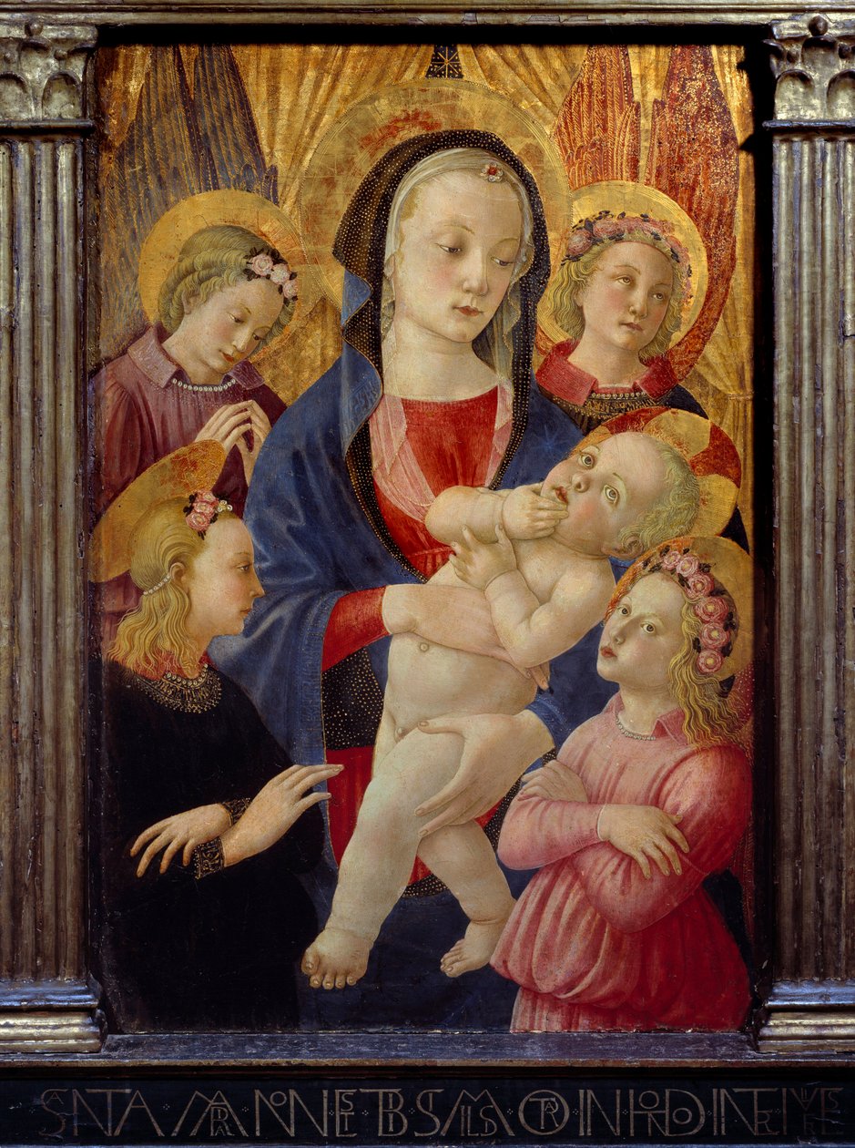 A szűz és a gyermek négy angyallal körülvéve. Festmény Castello születésének mesteréről Ec. Ital. alkotó: Master of the Castello Nativity