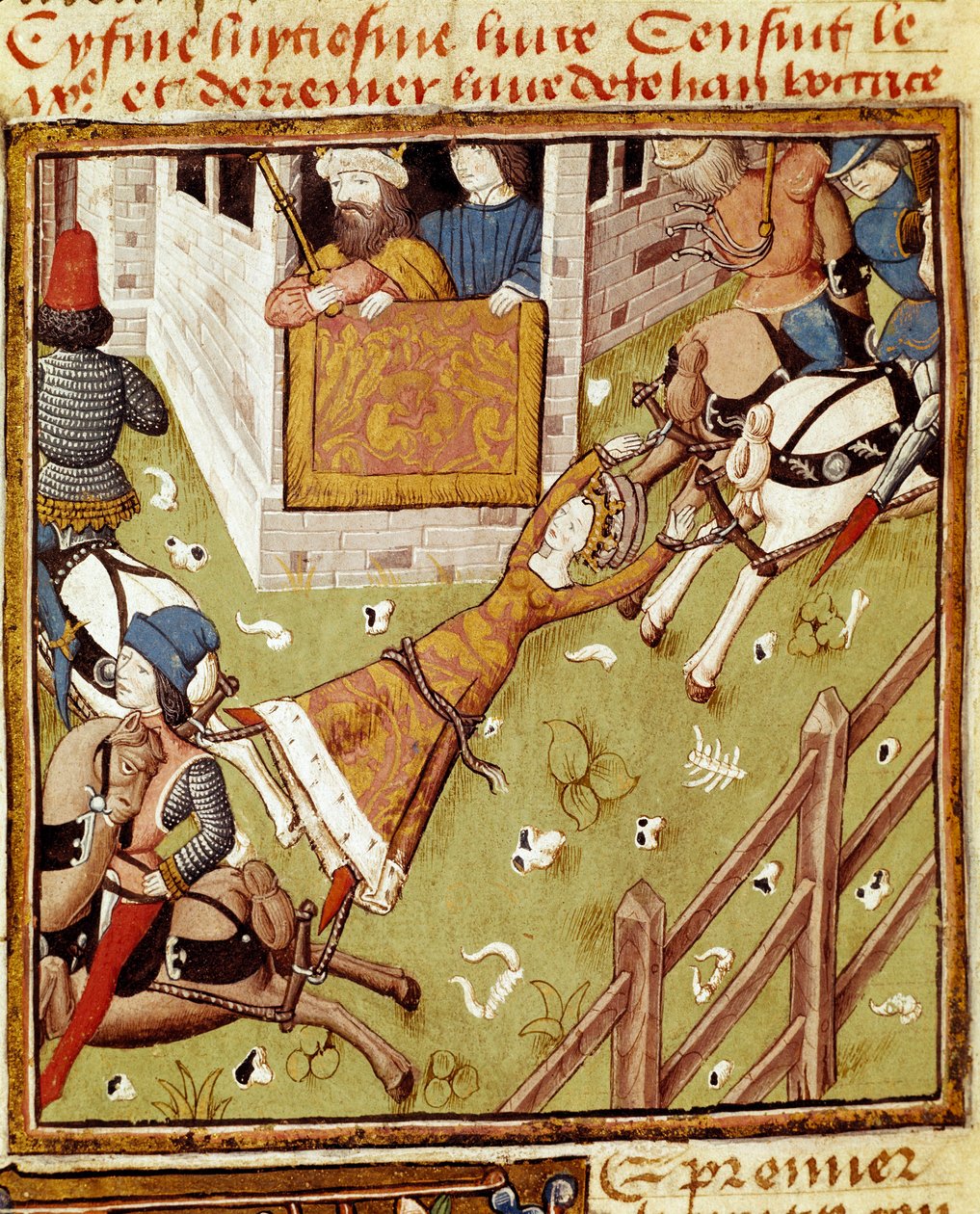 Brunehaut kínzása: Brunehaut vagy Brunehilde (543-613), Clotaire (Clothaire) II foglyát lovak tépték szét, amelyek mindkét oldalról kihúzzák tagjait – A hölgyek bajnokának mesterének miniatűrje a „” Des hommes illustres” kéziratból """" 15 alkotó: Master of the Champion des Dames