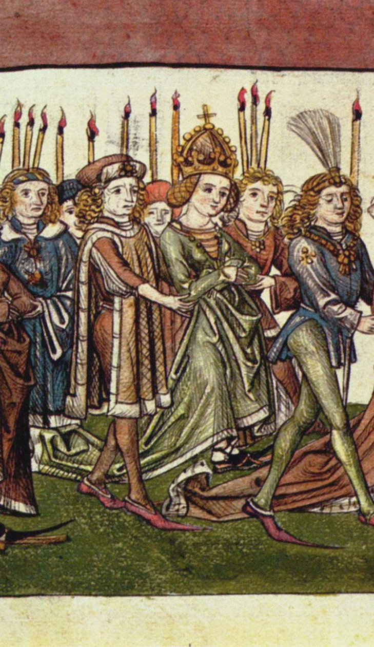 Erzsébet luxemburgi királynő. Részlet Richental Illustrated Chronicle c. 1440 alkotó: Master of the Chronicle of the