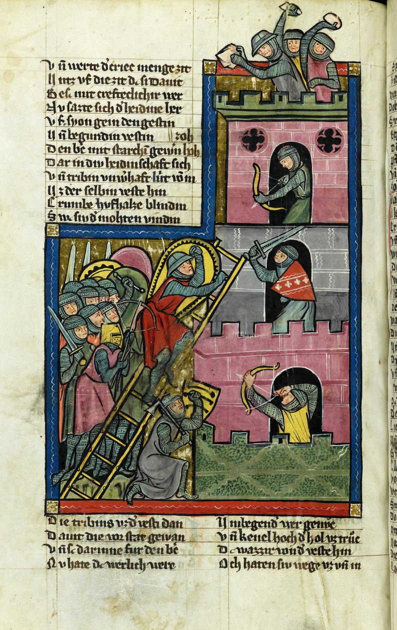 Kastélyfoglalás Jeruzsálemben (Rudolf von Ems A világ krónikájából (Weltchronik)) - A világ krónikájának mestere (Weltchronik) (aktív 1300 körül) - kb. 1300 - Akvarell pergamenre - Kantonsbibliothek St. Gallen alkotó: Master of the Chronicle of the World