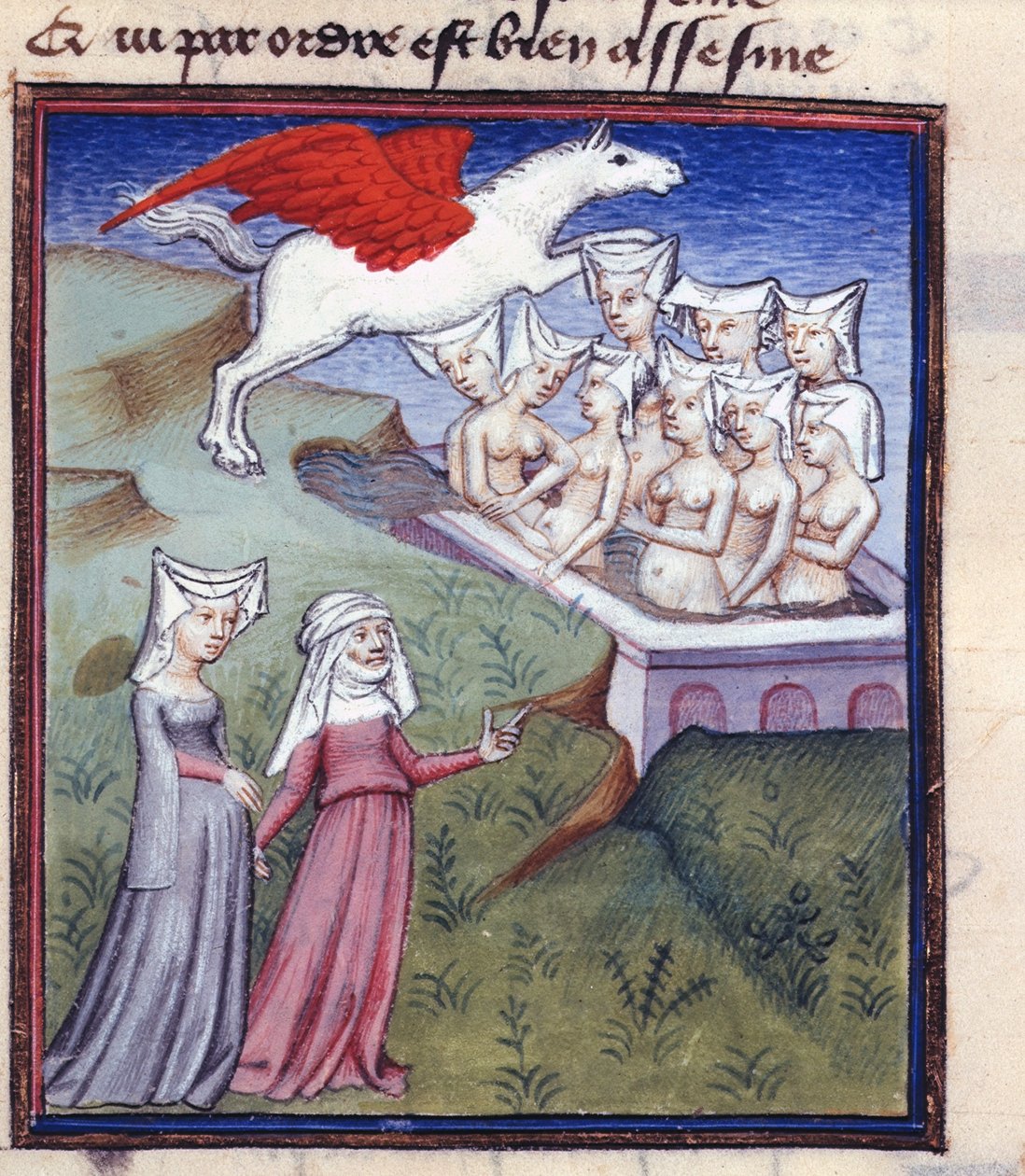 Harl 4431 fol.183 Kilenc múzsa fürdőzés, Christine de Pisan összegyűjtött műveiből alkotó: Master of the Cité des Dames