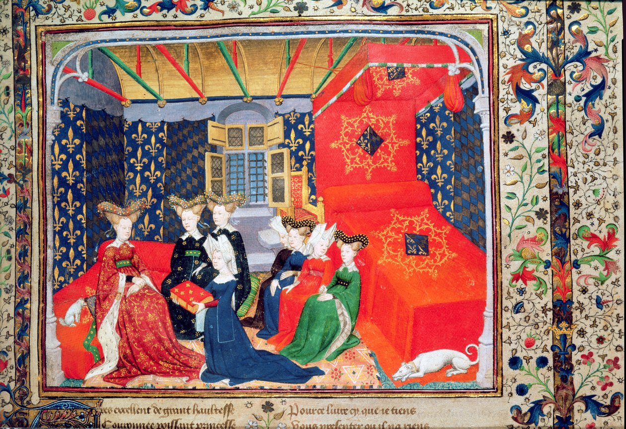 Harl 4431 fol.3 Christine de Pisan bemutatja könyvét Izabella bajor királynőnek, Christine de Pisan költeményeiből, 1410-1415 körül (vellum) alkotó: Master of the Cité des Dames
