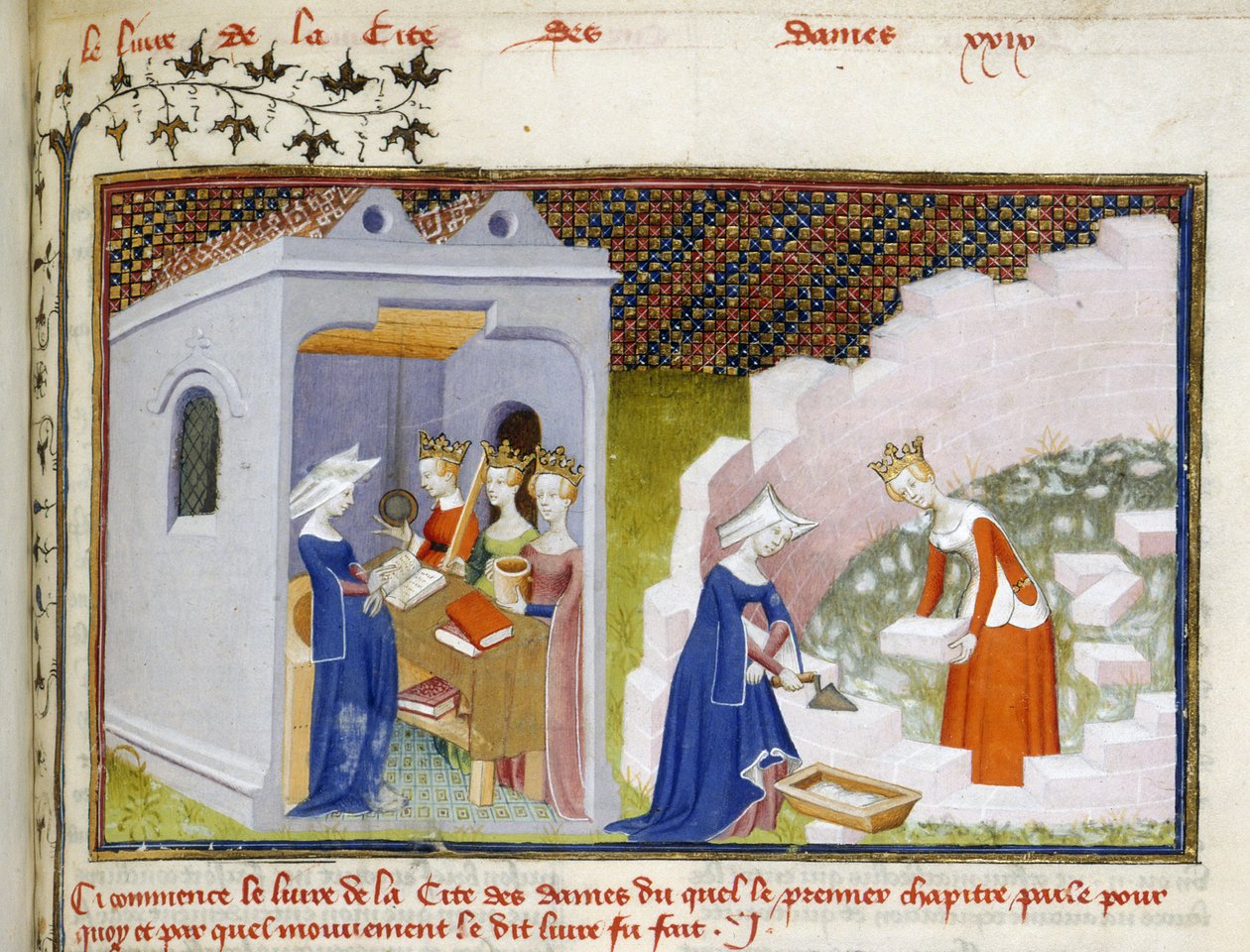 Harley 4431, f.290, Christine miniatúrájának részlete az Értelem, Igazságosság és Igazságosság megszemélyesítése előtt, valamint Christine és ésszel a Cité des Dames (vellum) építése alkotó: Master of the Cité des Dames