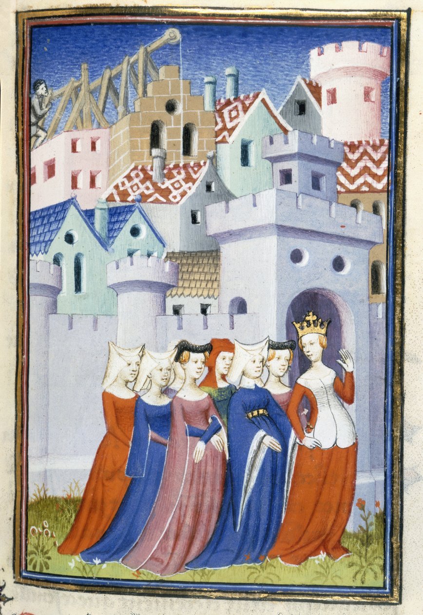 Harley 4431, f.323 Az igazságszolgáltatás belép a hölgyek városába, Christine de Pisan „Le Livre de la Cité des Dames” című művéből alkotó: Master of the Cité des Dames