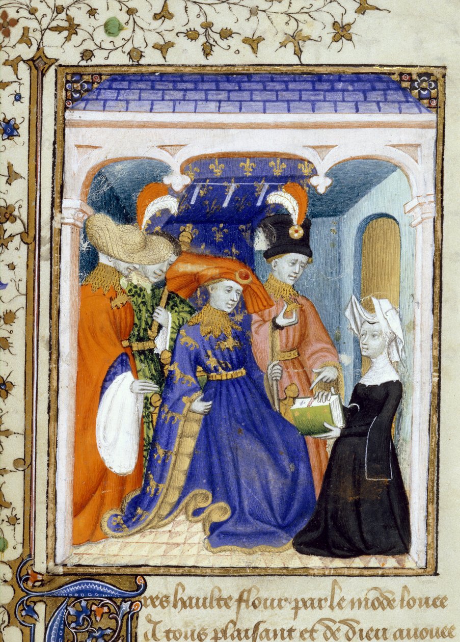 Harley 4431 f.95 Christine de Pisan bemutatja könyvét Louis of Orleans-nak, illusztráció a "L