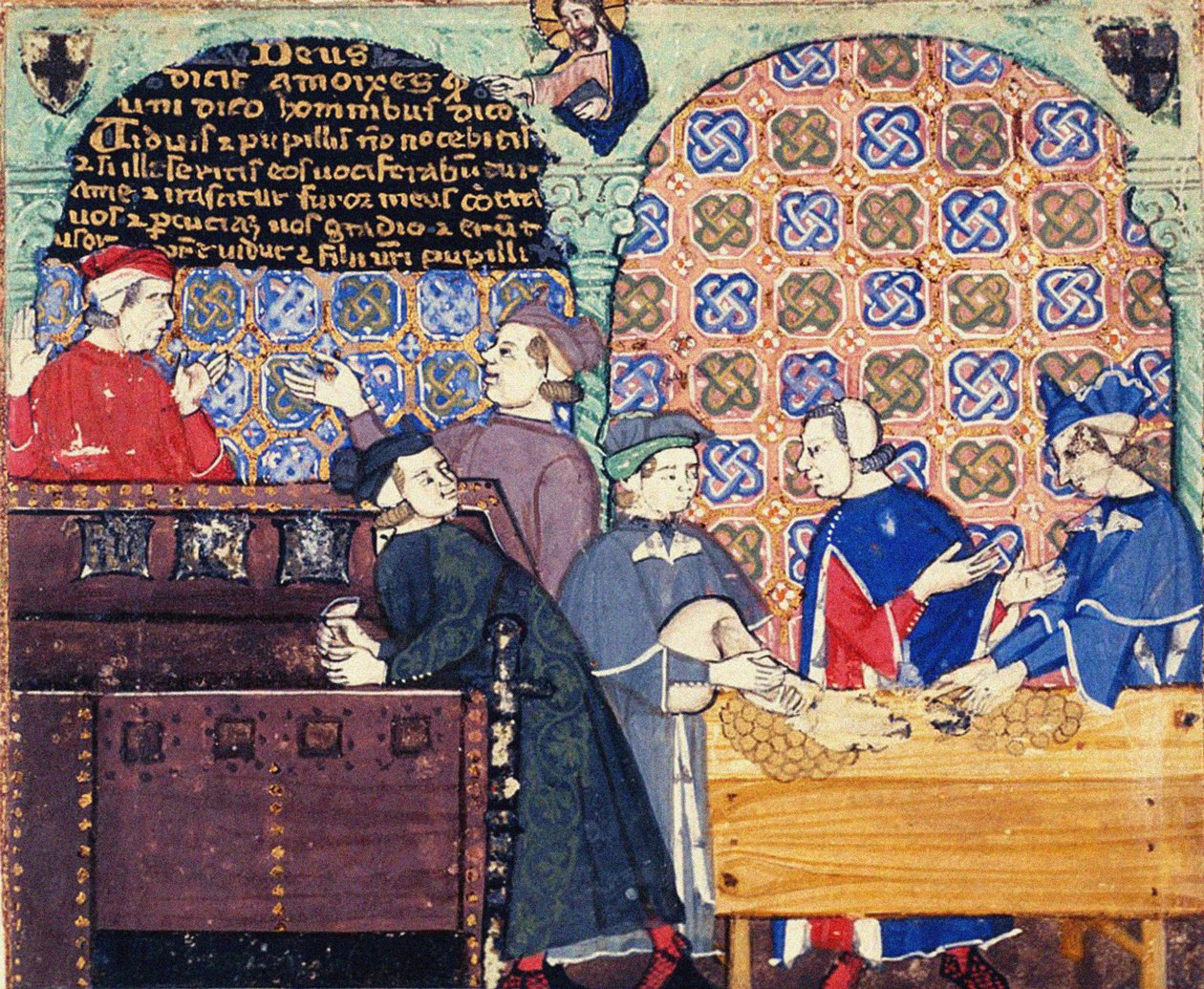 Kapzsiság. Miniatűr banki jelenetekkel alkotó: Master of the Cocharelli Codex