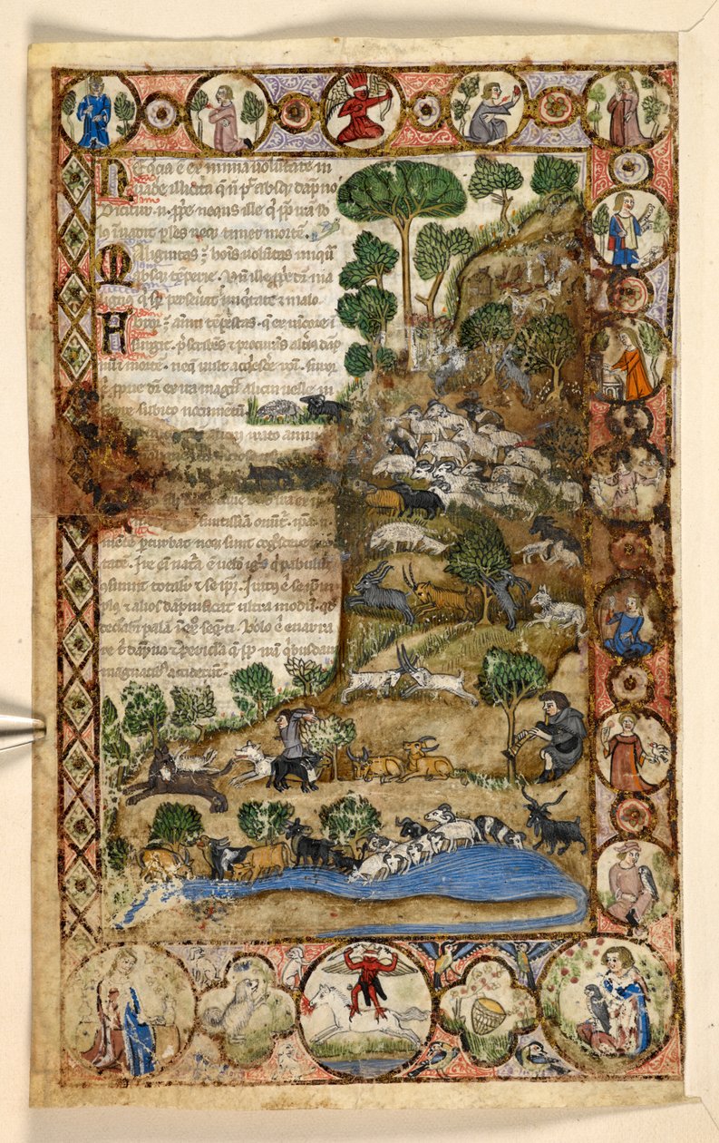 Hozzáadás. 28841, f.1v: Rombuszokból, körökből és négyszárnyúakból álló geometrikus, egész oldalas szegélyek állatokkal és figurális jelenetekkel: juhok és kecskék felett vigyázó pásztorok, akik farkasokkal küzdenek, a határon lóháton álló vörös ördög, egy alkotó: Master of the Cocharelli Codex
