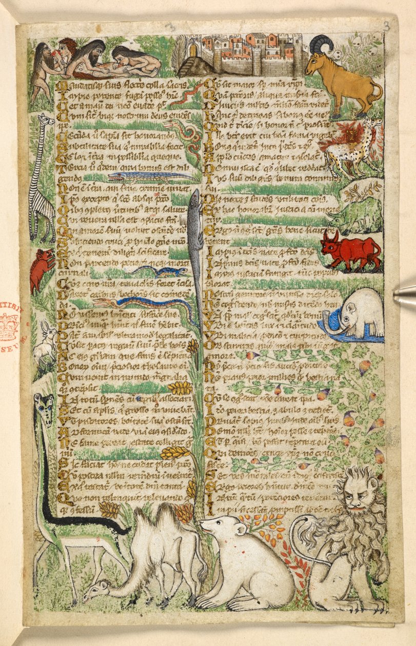 Hozzáadás. 28841, f.3: Kannibálok, fallal körülvett város és egzotikus állatok, köztük egy zsiráf, oroszlán, teve és elefánt, az erényekről és gonoszságokról szóló traktátusból és Szicília névtelen prózatörténetéből (töredék), 1330 körül- 40 (vellum) alkotó: Master of the Cocharelli Codex