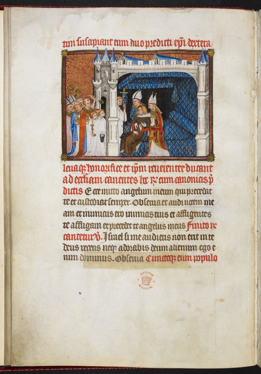 Cotton Tiberius B.VIII f.44v Reims és Beauvais püspökei feltámasztják a királyt a thalamusból, „V. Károly francia király koronázási könyvéből” alkotó: Master of the Coronation Book of Charles V