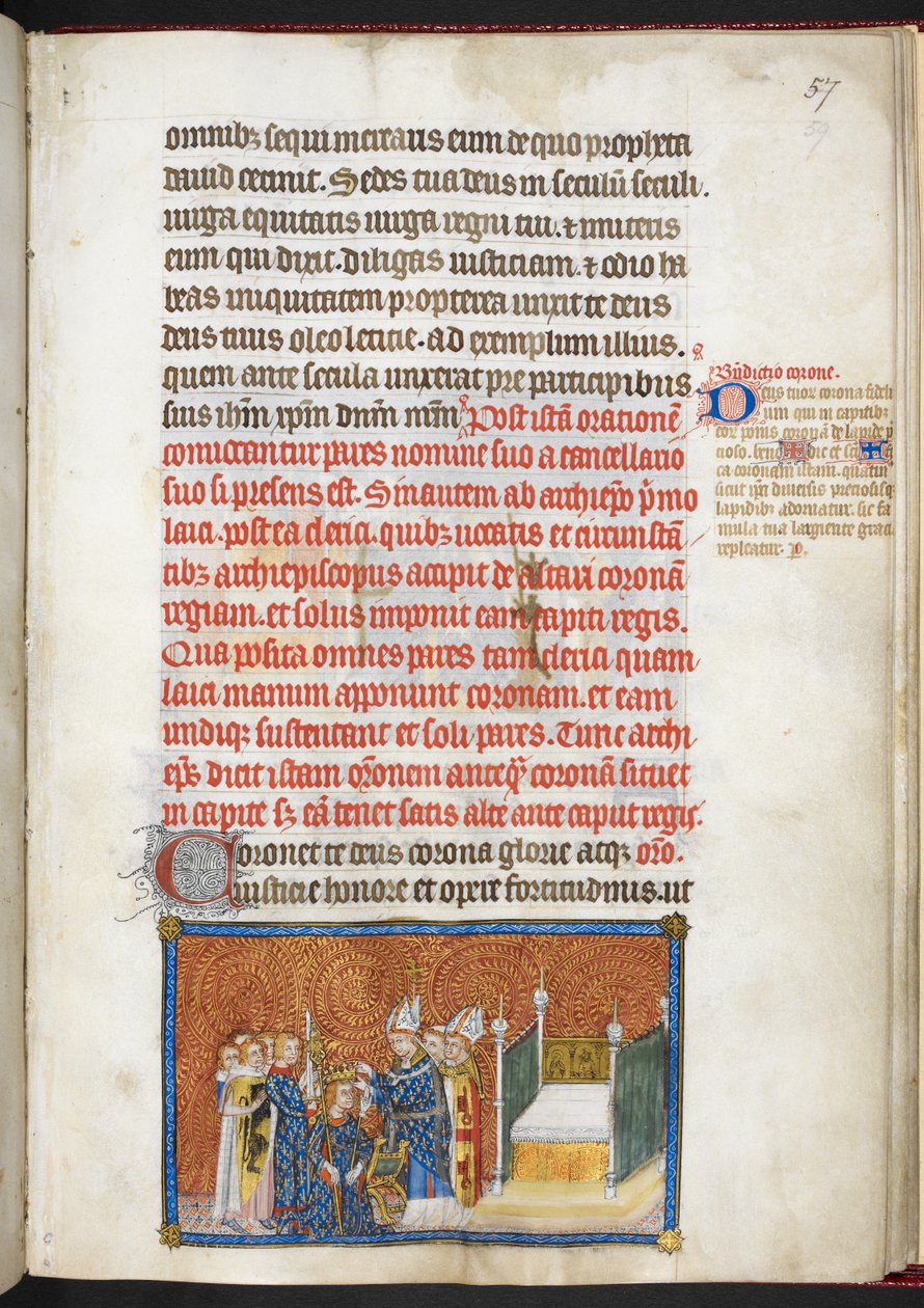 Cotton Tiberius B.VIII f.59 A reimsi érsek a koronát a király fejére helyezi, „V. Károly francia király koronázási könyvéből” alkotó: Master of the Coronation Book of Charles V