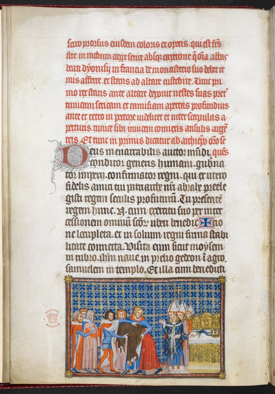 Cotton Tiberius B. VIII f.47v A király leveti a felsőruházatát, illusztráció „V. Károly francia király koronázási könyvéből” alkotó: Master of the Coronation Book of Charles V