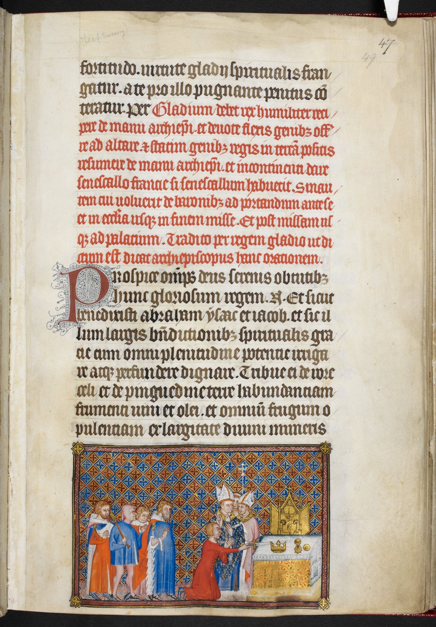 Cotton Tiberius B. VIII f.49r A király kardot kínál az oltáron, illusztráció az „V. Károly francia király koronázási könyvéből” alkotó: Master of the Coronation Book of Charles V