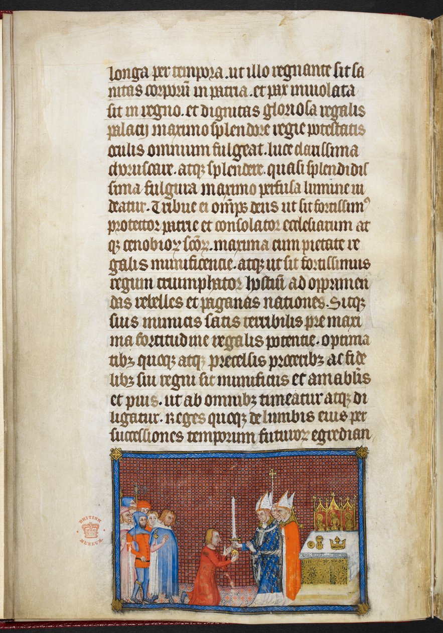 Cotton Tiberius B. VIII f.49v A reimsi érsek visszaadja a kardot a királynak, illusztráció „V. Károly francia király koronázási könyvéből” alkotó: Master of the Coronation Book of Charles V