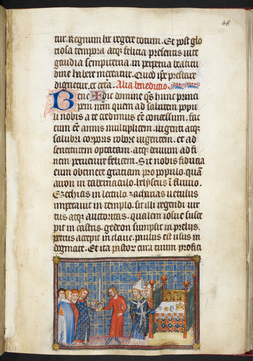 Cotton Tiberius B. VIII f.50r A király átadja a kardot Seneschalnak (Anjou hercegének), "V. Károly francia király koronázási könyvéből" alkotó: Master of the Coronation Book of Charles V