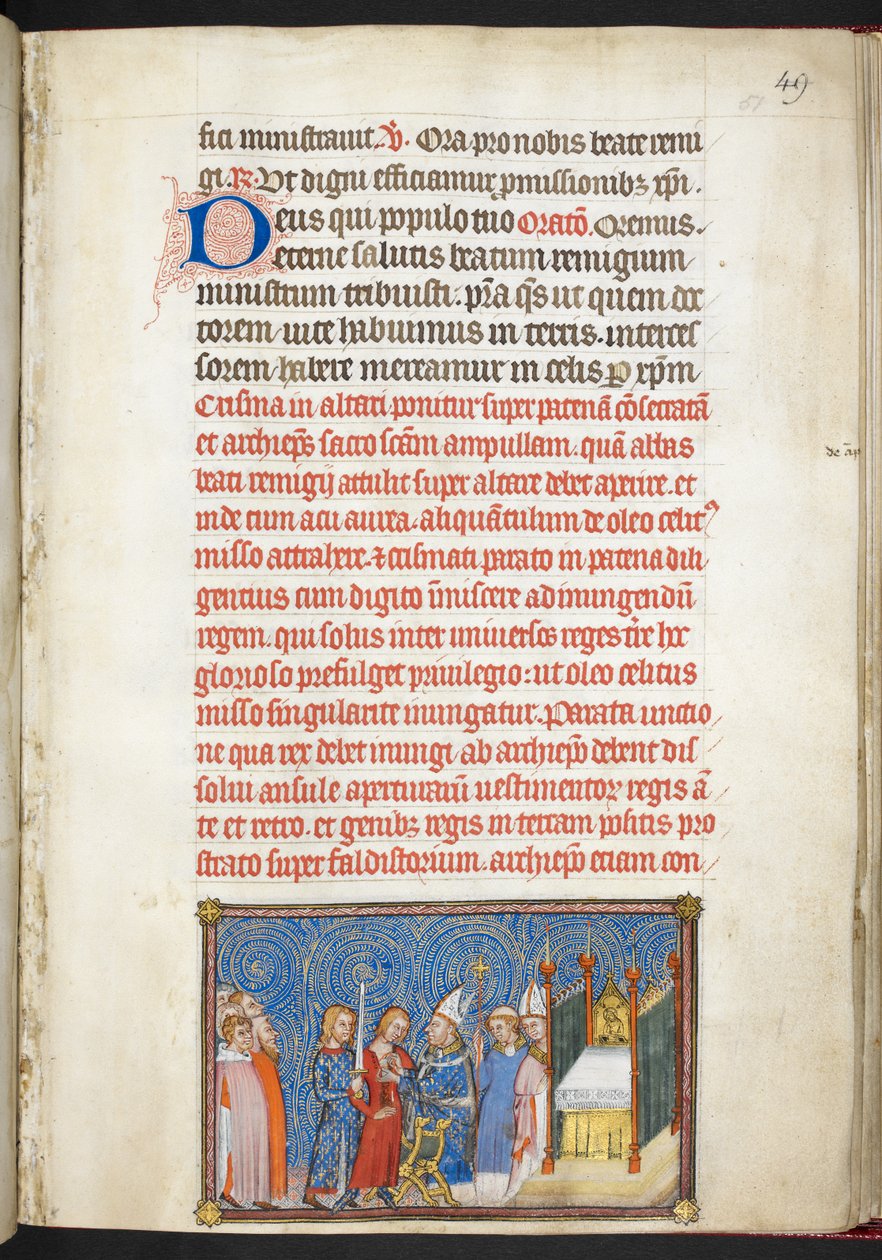 Cotton Tiberius B. VIII f.51r, Reims érseke a király tunikáját lecsatolva, „V. Károly francia király koronázási könyvéből” alkotó: Master of the Coronation Book of Charles V