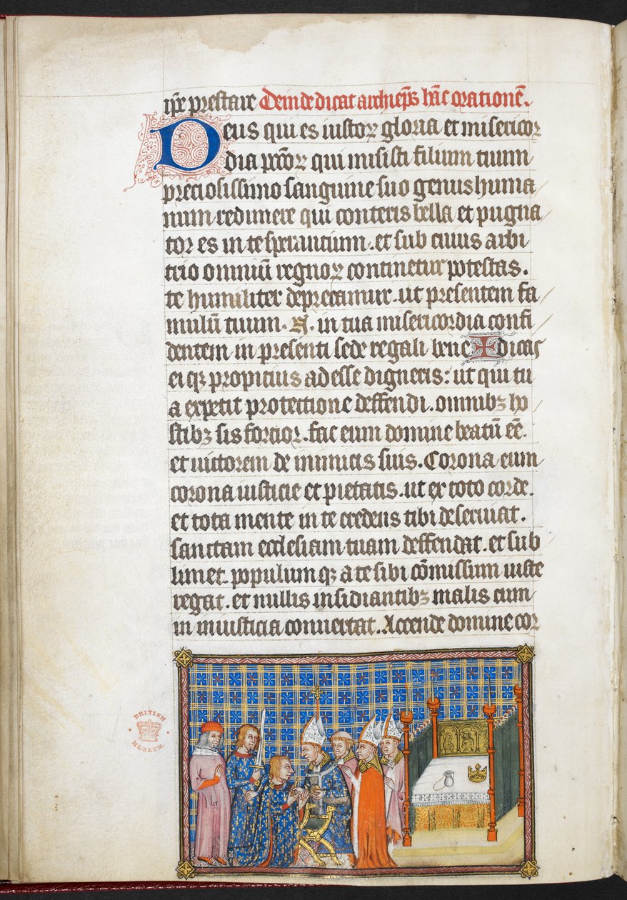 Cotton Tiberius B. VIII f.55v A király, aki kezet kapott, „V. Károly francia király koronázási könyvéből” alkotó: Master of the Coronation Book of Charles V