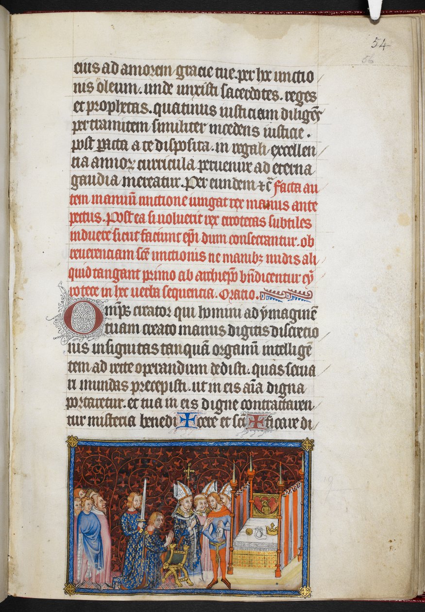 Cotton Tiberius B. VIII f.56r A reimsi érsek megáldja a király kesztyűjét, V. Károly francia király koronázási könyvéből alkotó: Master of the Coronation Book of Charles V
